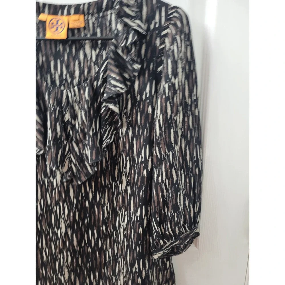 Tory Burch Silk Ruffle V-Neck Blouse 3/4 Sleeve Abstract Print Black Brown Sz 8